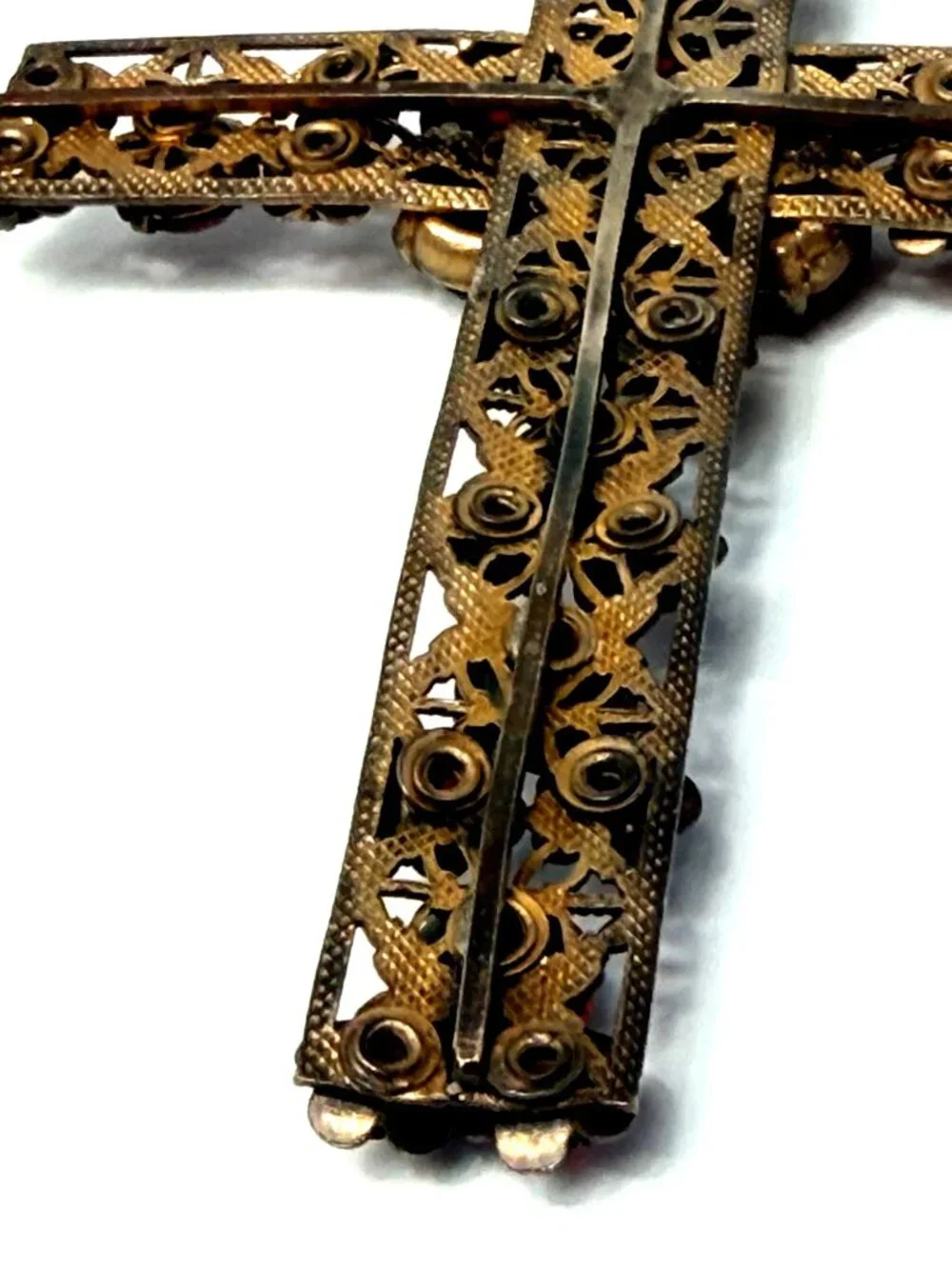 Large Vintage Red Rhinestone Cross Pendant Filigree Brass Czech Gothic Estate 4" - Picture 6 of 8